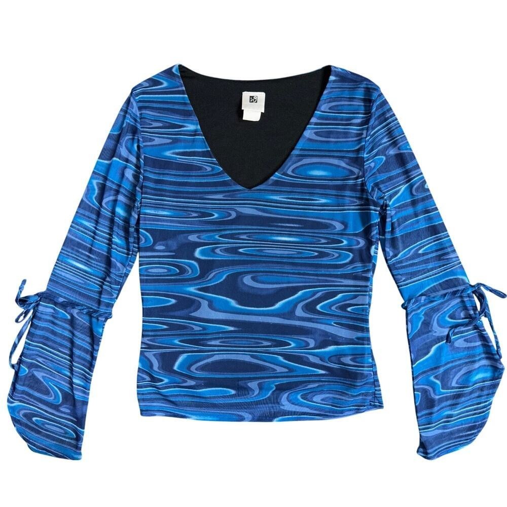 International Newport Group Blue Swirl Psychedelic V-Neck Bell‎ Sleeve Top M
